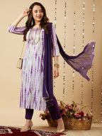 ANNI DESIGNER Women s Rayon Viscose Print Straight Kurta with Pants & Dupatta, purple, 46