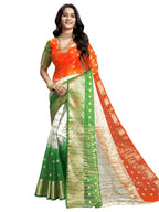 Satrani Womens Organza Jacquard Independence Day Special Tricolor Tiranga Saree with Unstitched Blouse Piece (3803S473NZ_Orange
