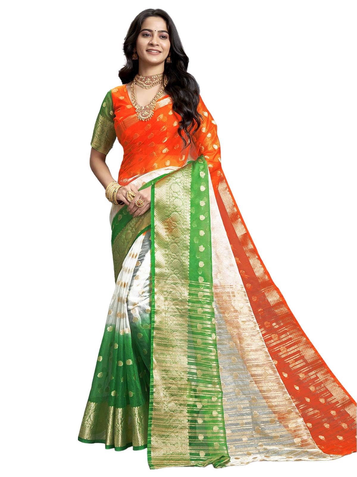 Satrani Womens Organza Jacquard Independence Day Special Tricolor Tiranga Saree with Unstitched Blouse Piece (3803S473NZ_Orange