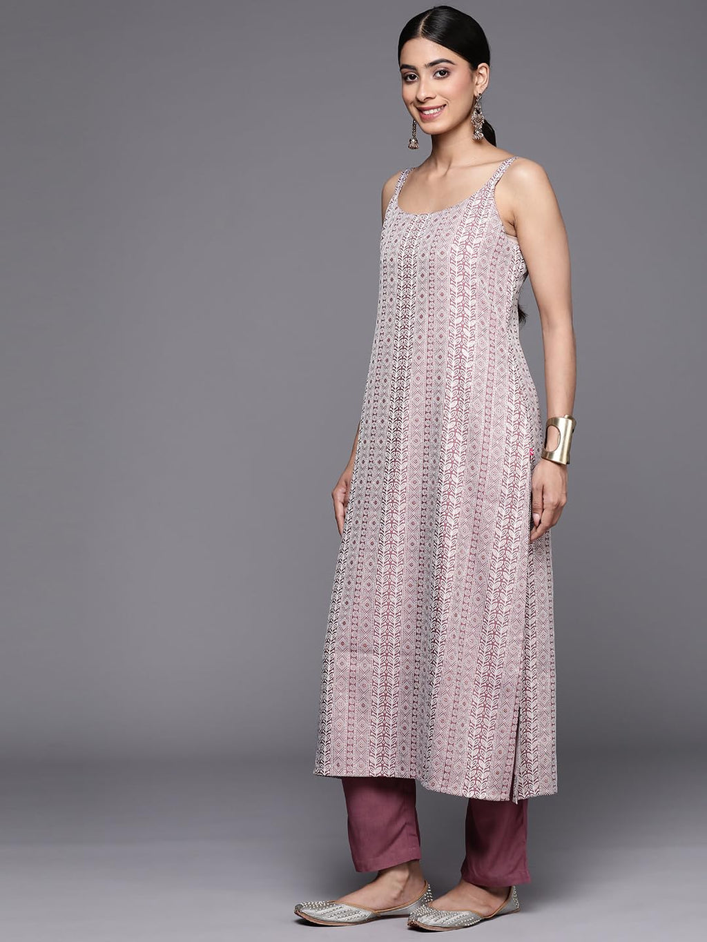 Varanga Women Mauve Embroidered Kurta Paired With Solid Tonal Bottom And Chiffon Dotted Dupatta