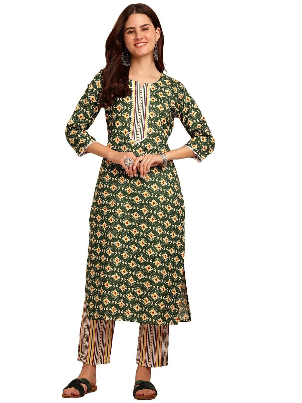 Kurta Set: Radiate Style And Sophistication! Elevate Your Look With Our Cotton Blend Printed Kurti Pant Sets! Green