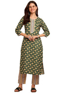 Kurta Set: Radiate Style And Sophistication! Elevate Your Look With Our Cotton Blend Printed Kurti Pant Sets! Green
