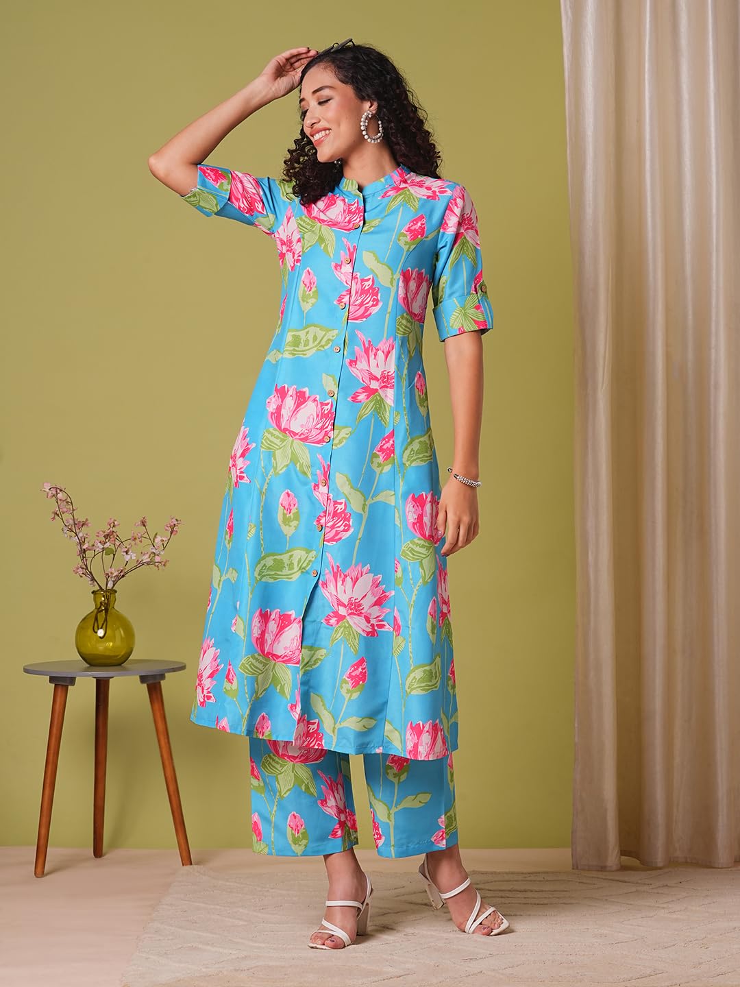 ANNI DESIGNER Women s Straight Printed Viscose Kurta with Trousers, Green, L