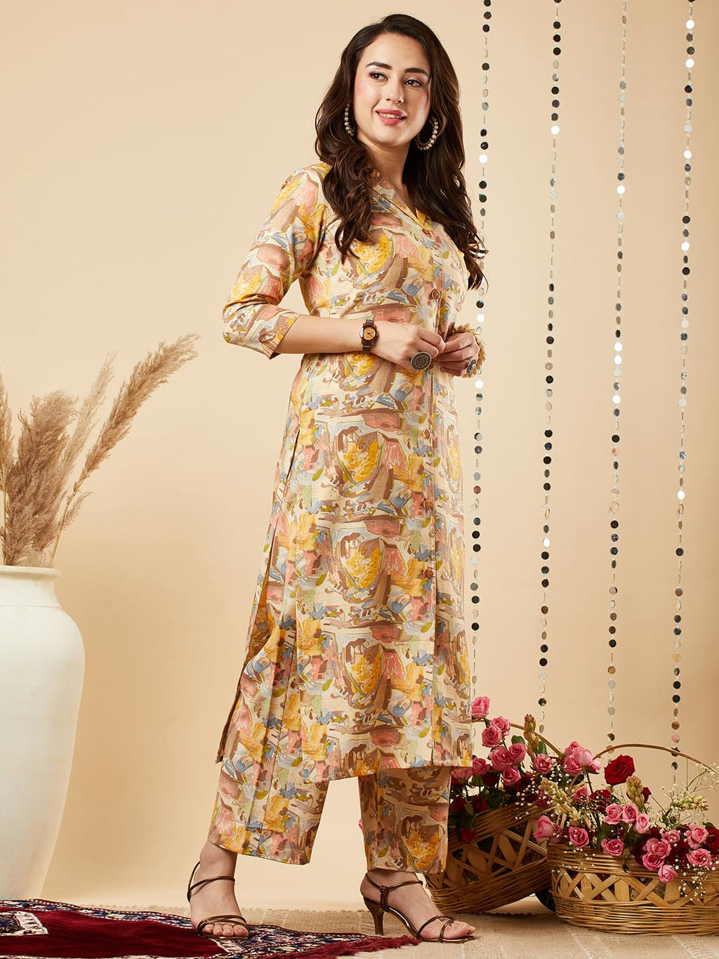 ANNI DESIGNER Ladies Cotton Blend Kurta with Trousers, yellow, S