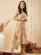 ANNI DESIGNER Ladies Cotton Blend Kurta with Trousers, yellow, S
