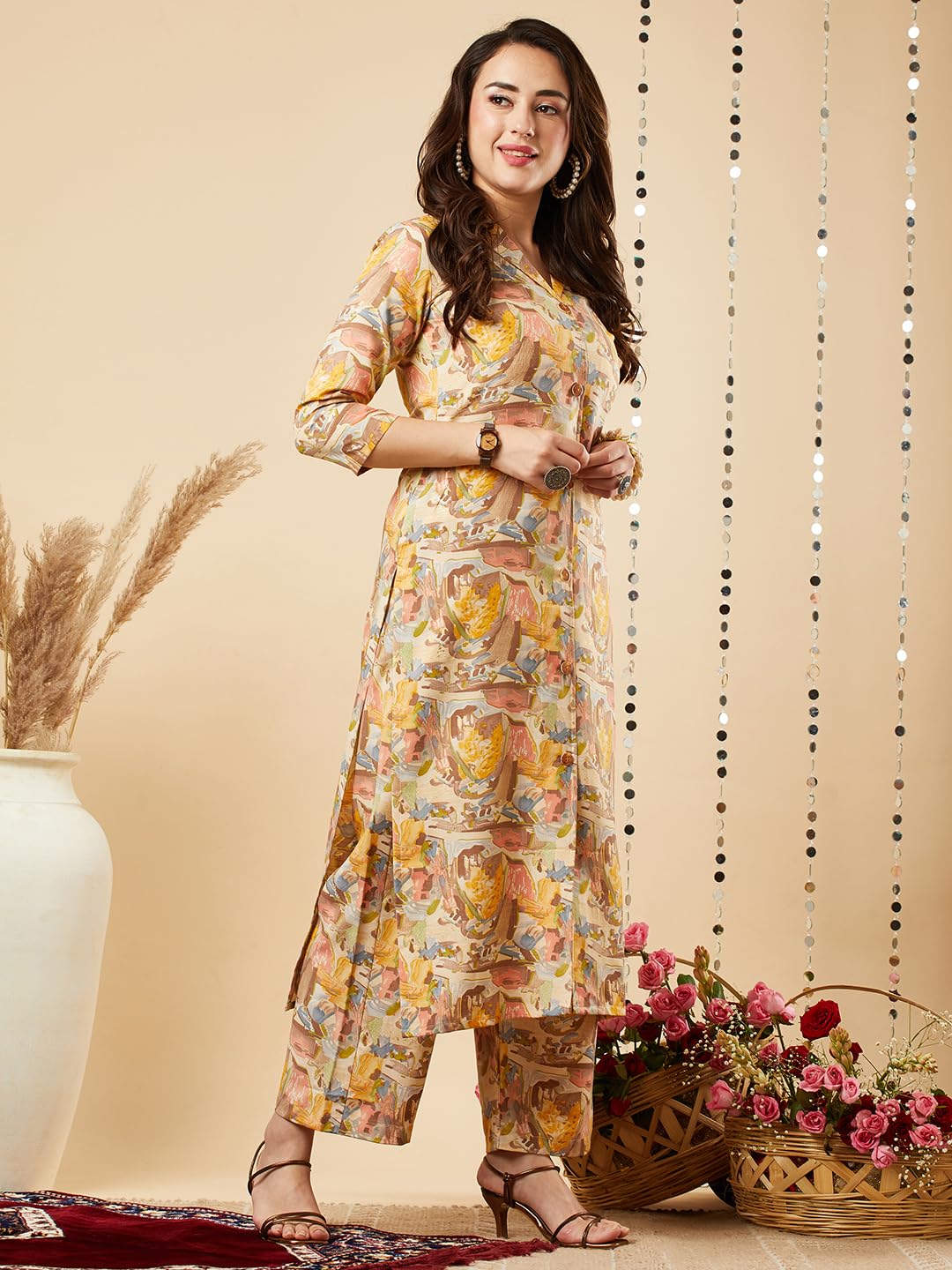 ANNI DESIGNER Ladies Cotton Blend Kurta with Trousers, yellow, S