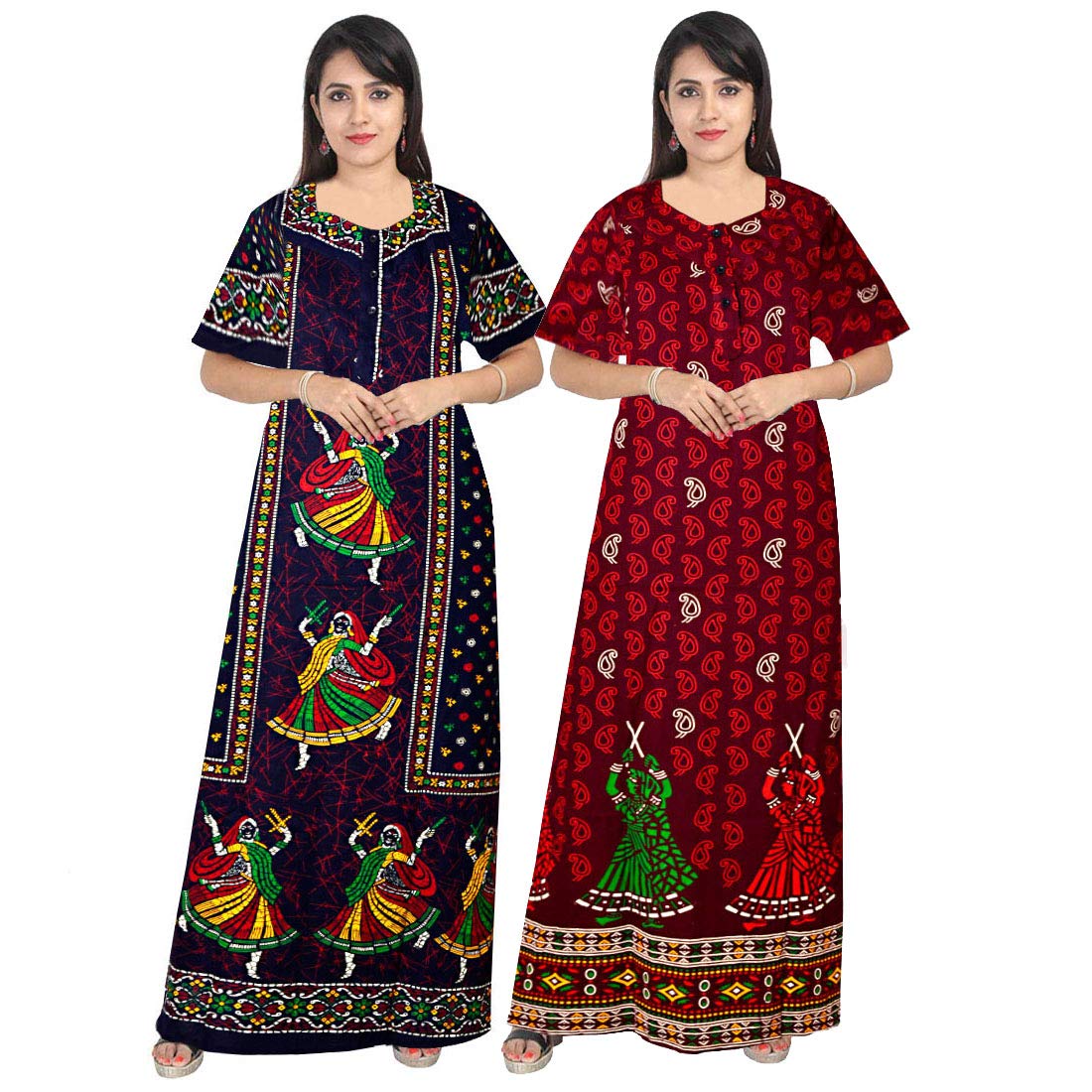 Trendy Fab Attractive WomenS 100% Cotton Printed Nightwear Maternity Maxi Gown Nightdresses (Pack Of 2) Multicolour