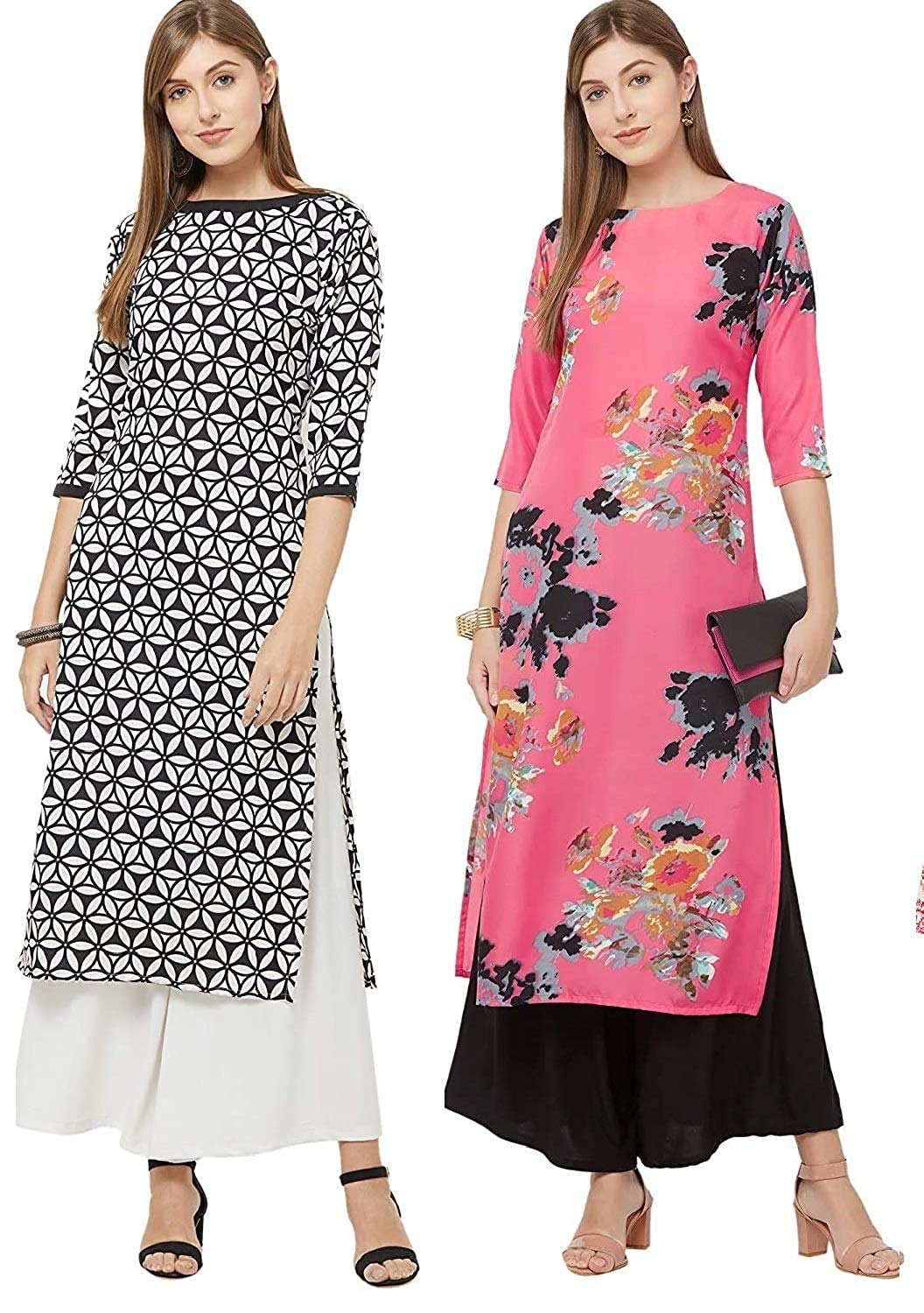 Gosriki Women'S Multicolor Printed Straight Kurta Pack Of 02(Black-Chakri & Dabba-Pink_Xxl)