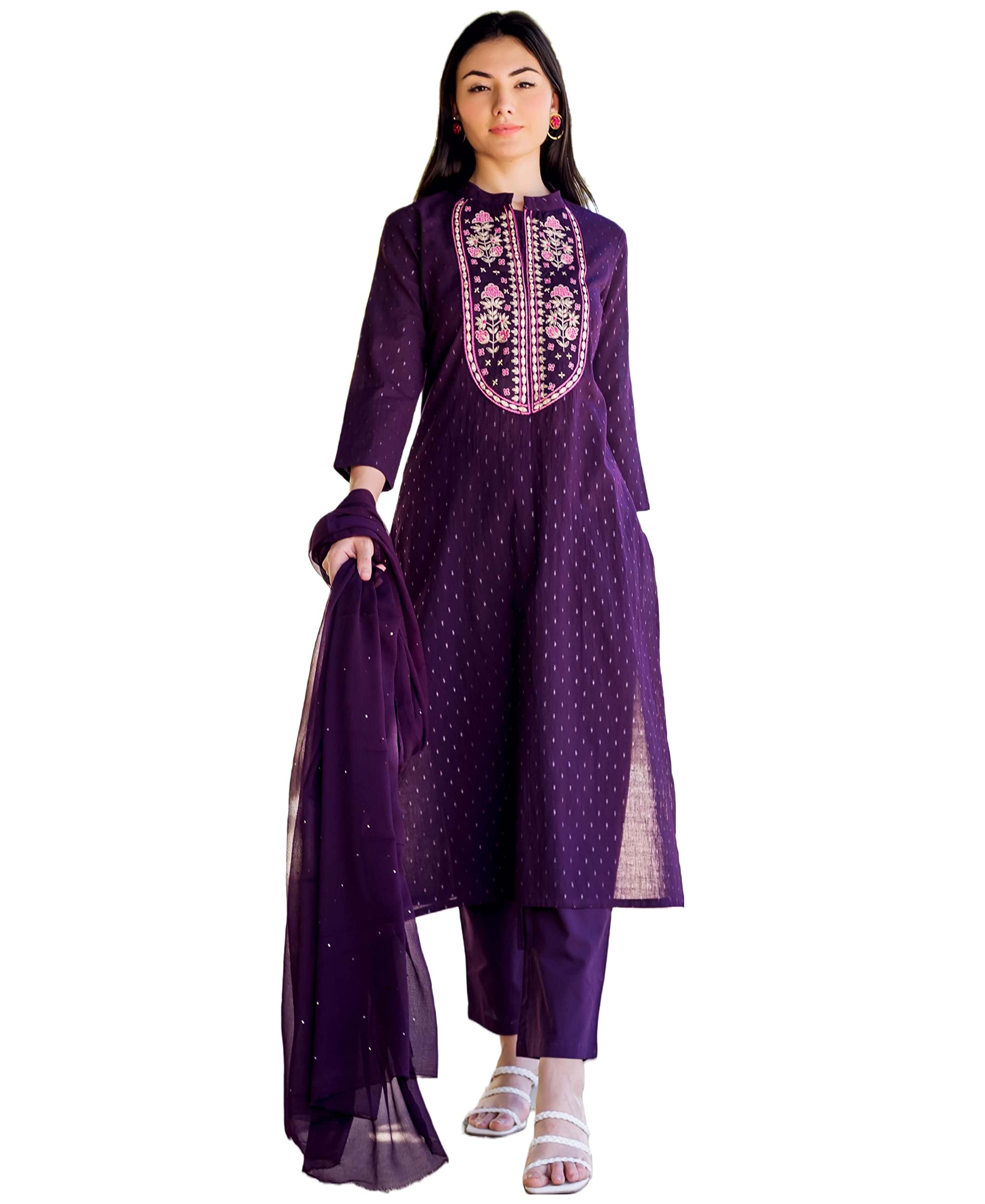 ANNI DESIGNER Womens Cotton Blend Straight Printed Kurta with Pant & Dupatta (RAJI-BEGANI_XXL_Purple_XX-Large)