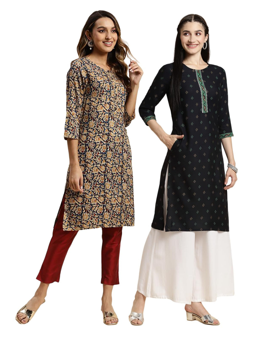Rangita Navy Rayon Knee Length Printed Straight Kurti For Women | Kurta For Women_L (Pack Of 2)