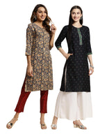 Rangita Navy Rayon Knee Length Printed Straight Kurti For Women | Kurta For Women_L (Pack Of 2)
