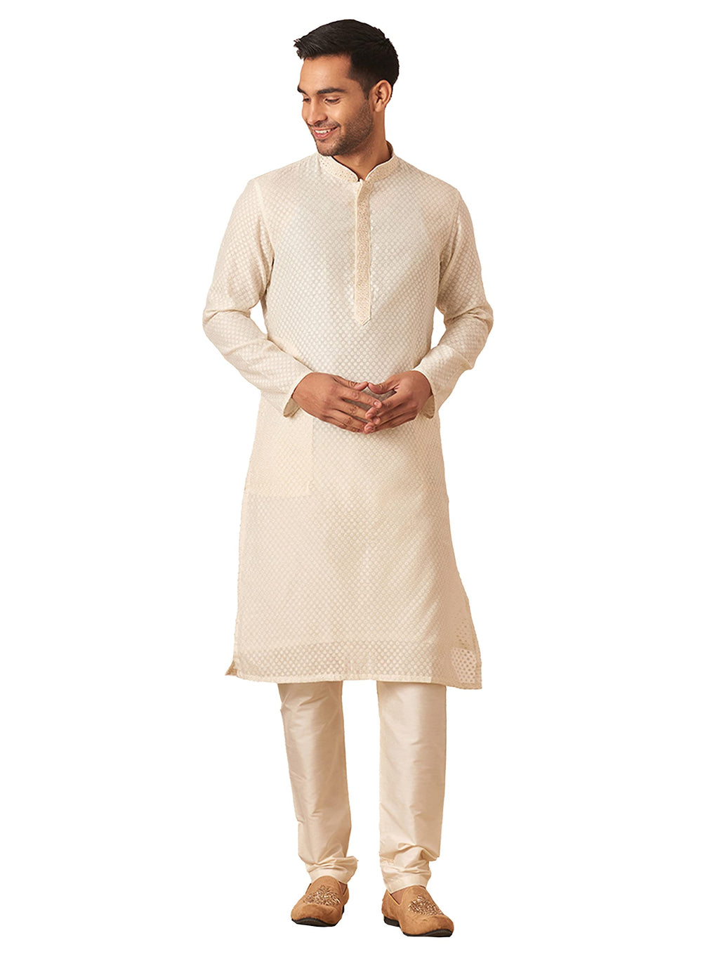 Manyavar Kurta Set For Men, Full Sleeves Mandarin Collar Ethnic Kurta & Payjama Set Art Silk All Over Self Design Set (Cream, L)