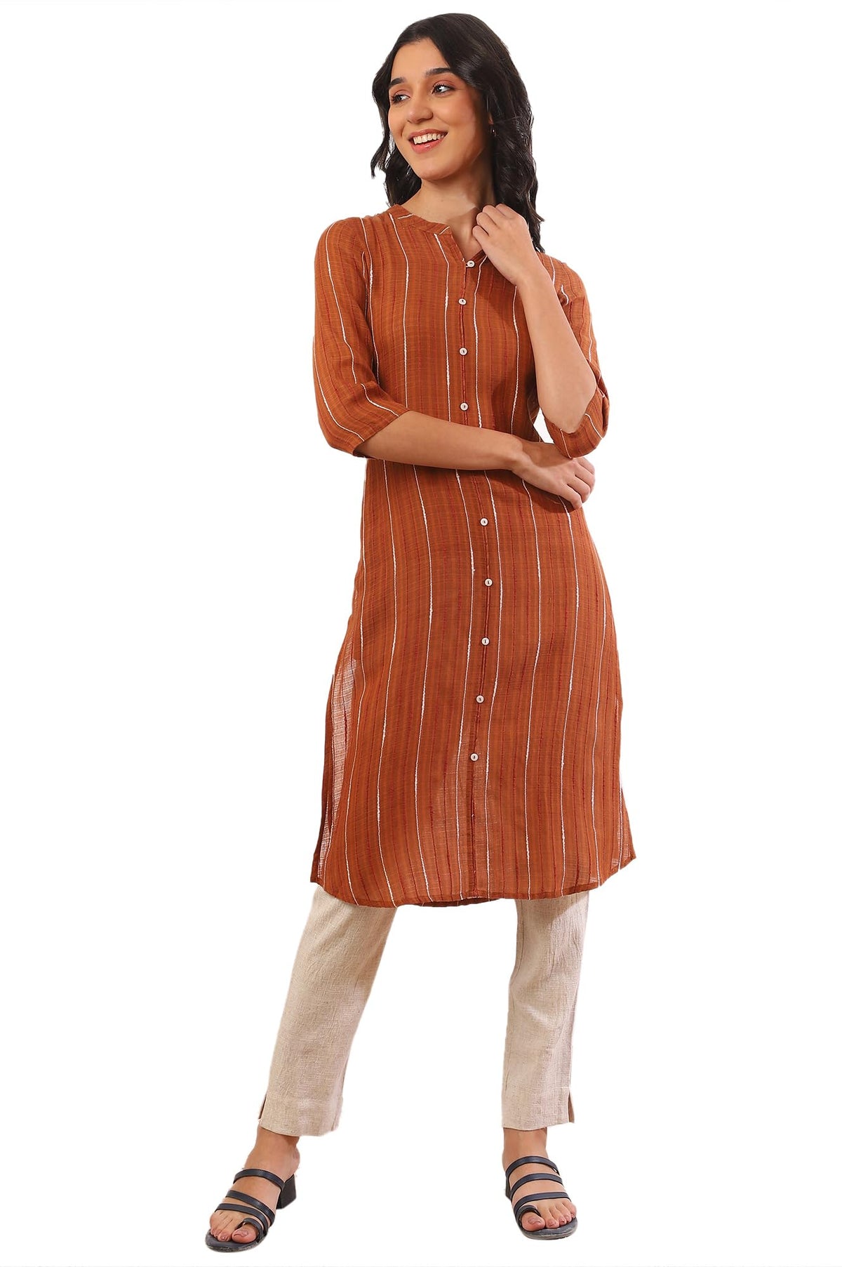 Aurelia Womens Orange Yarn Dyed Cotton Blend Straight Kurta (Size: 2XL)-A15649-705499