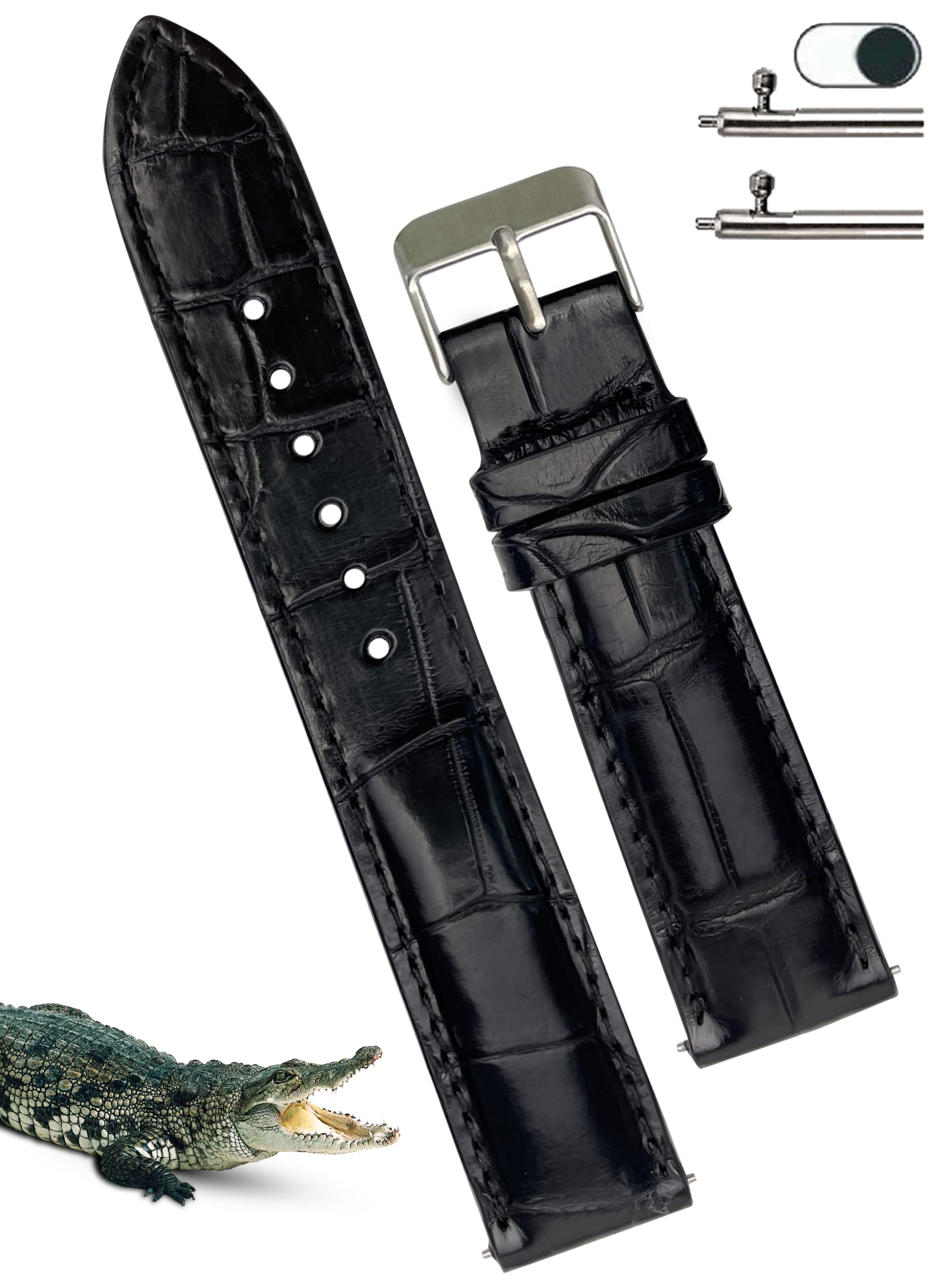 vinacreations 21mm Black Handmade Alligator Belly Leather Watch Band Men Quick Release Premium Crocodile Strap by Vietnamese DH-