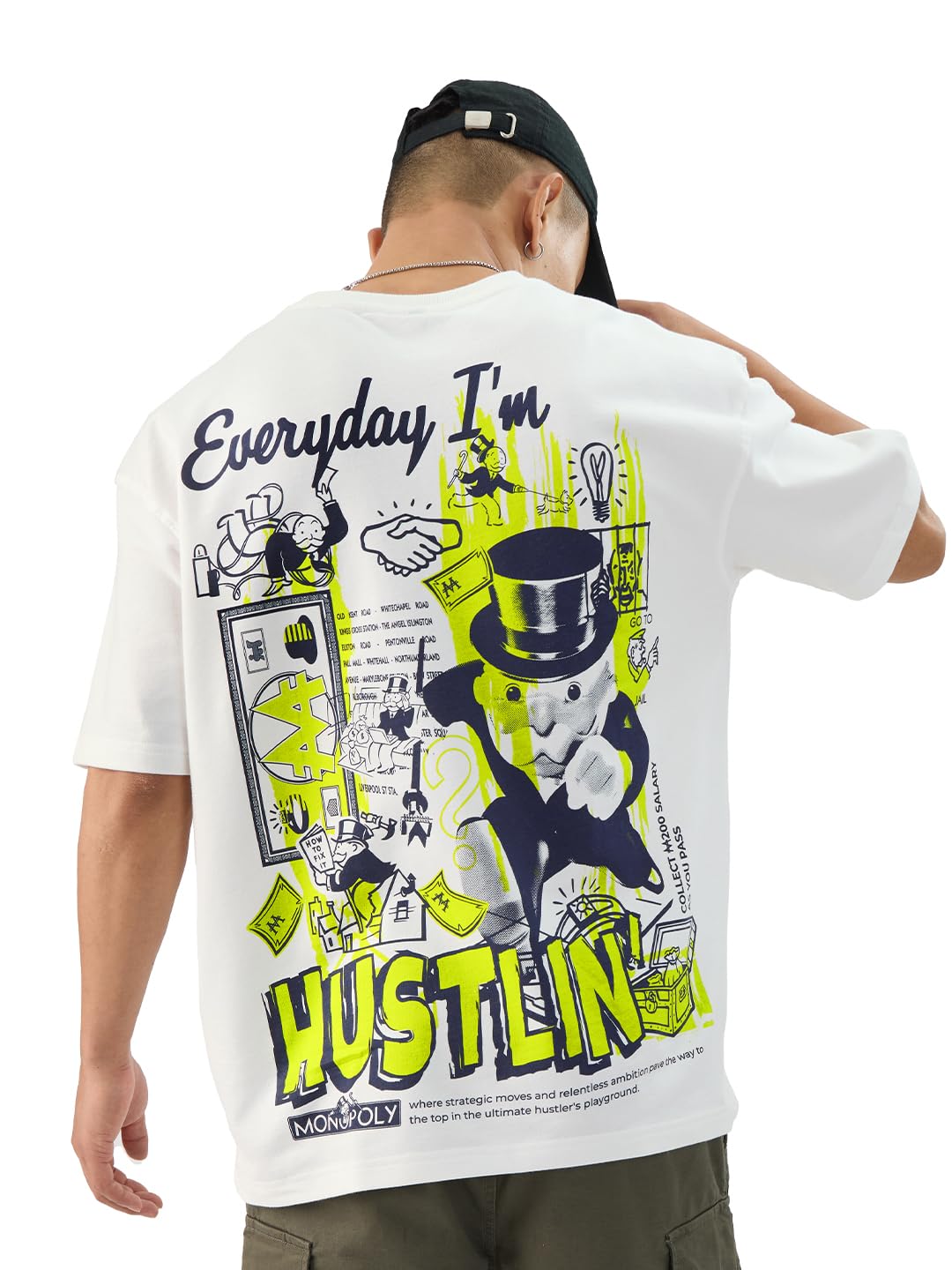 The Souled Store Official Monopoly: Hustlin Men and Boys Short Sleeve Round Neck White Graphic Printed Cotton Oversized T-Shirt
