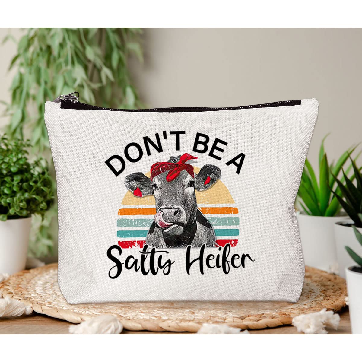 BiuNiuring Cow Gifts for Cow Lovers, Cow Gifts for Women, Crazy Heifer Cosmetic Bag, Funny Retro Sarcastic Cow Makeup Bag, Don't