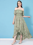 Oomph! Flared Dress For Women Stylish | Long One Piece For Women | Off Shoulder Puff Sleeve Long Dress | Floral Print Maxi One P