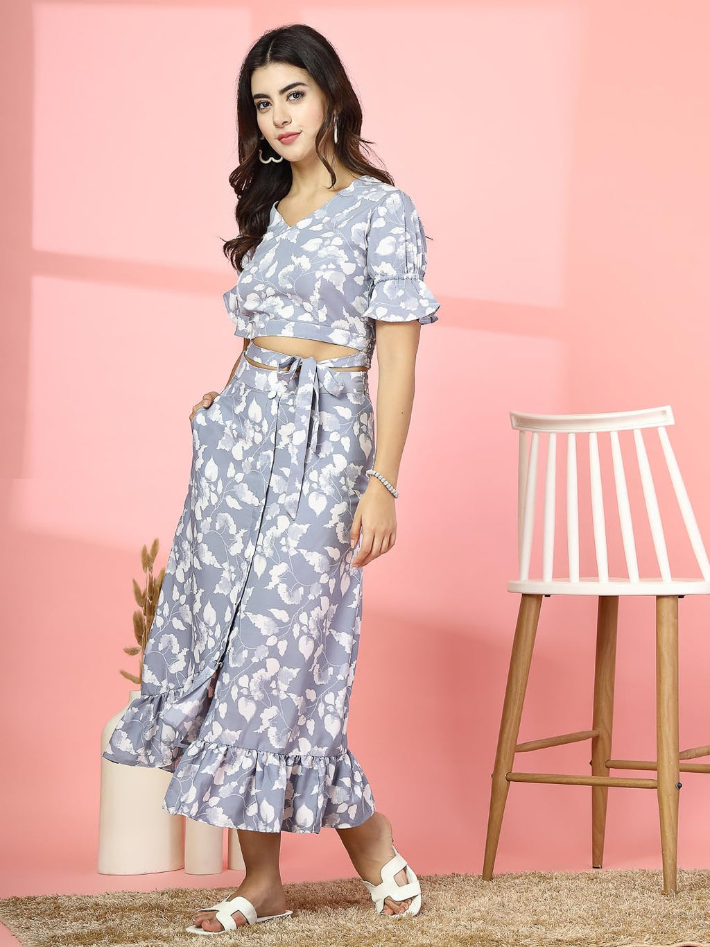 Oomph! Crepe Crop Top And Skirt Set For Women, Grey - Coord_Mt888Msk196