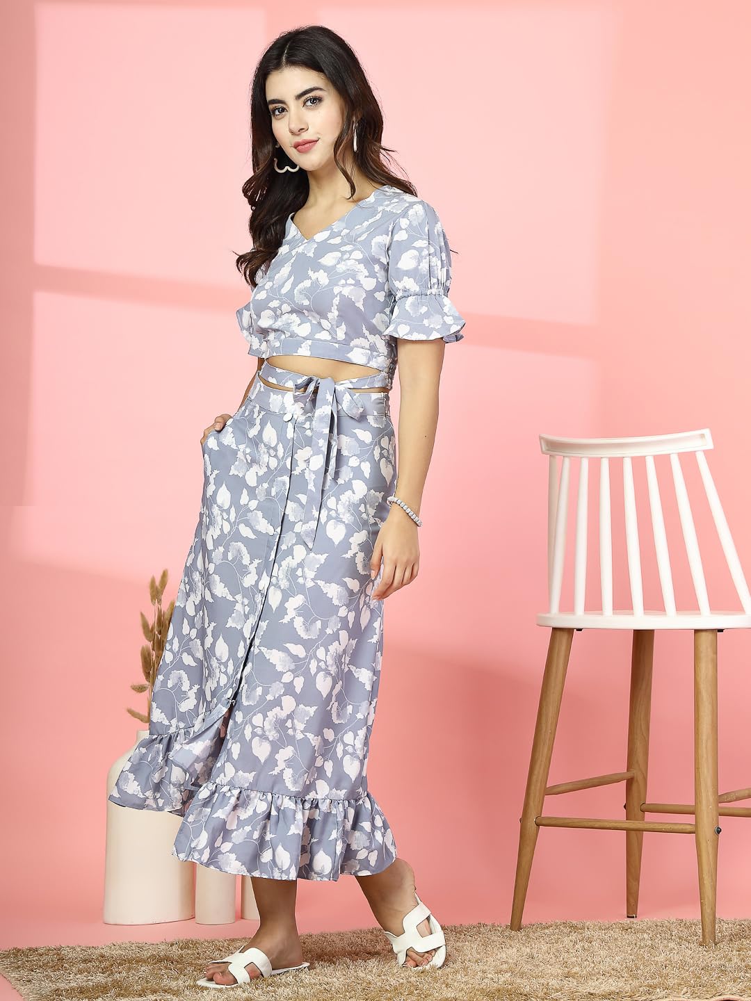 Oomph! Crepe Crop Top And Skirt Set For Women, Grey - Coord_Mt888Msk196
