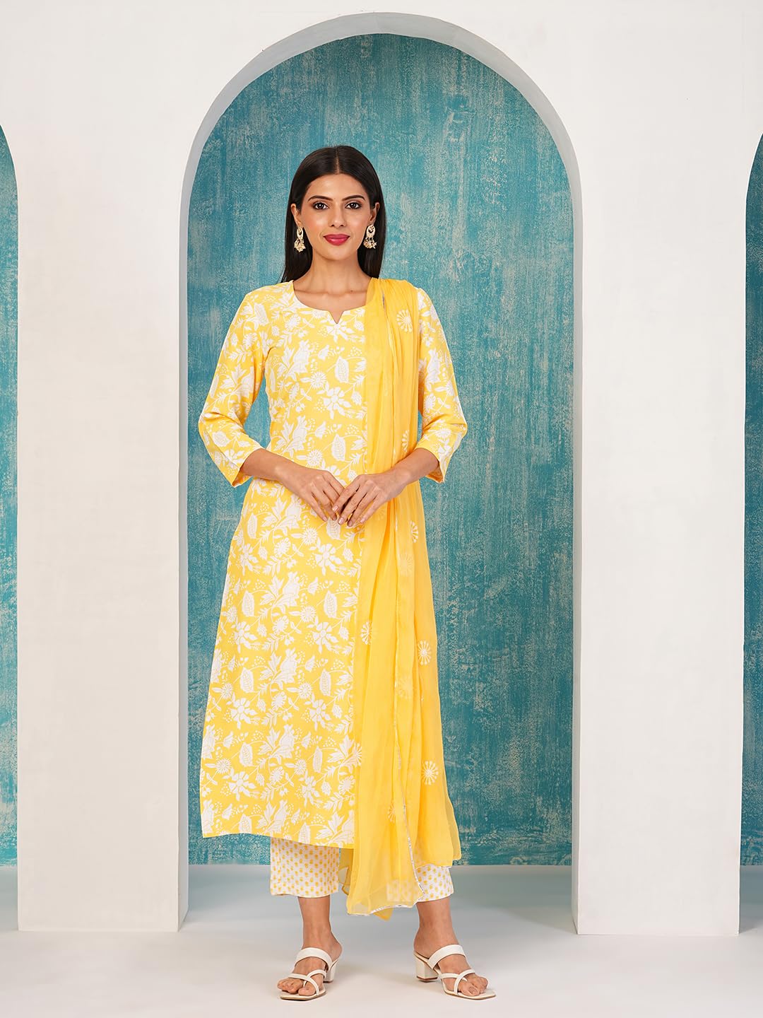ANNI DESIGNER Ladies Cotton Blend Kurta with Trousers and Dupatta, yellow, L
