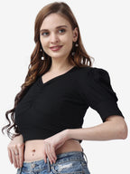 POPWINGS Casual Puff-Sleeves Ribbed Crop Top for Women || Sweet Heart Neck Summer Crop Top for Women || Crop Tops for Women Late