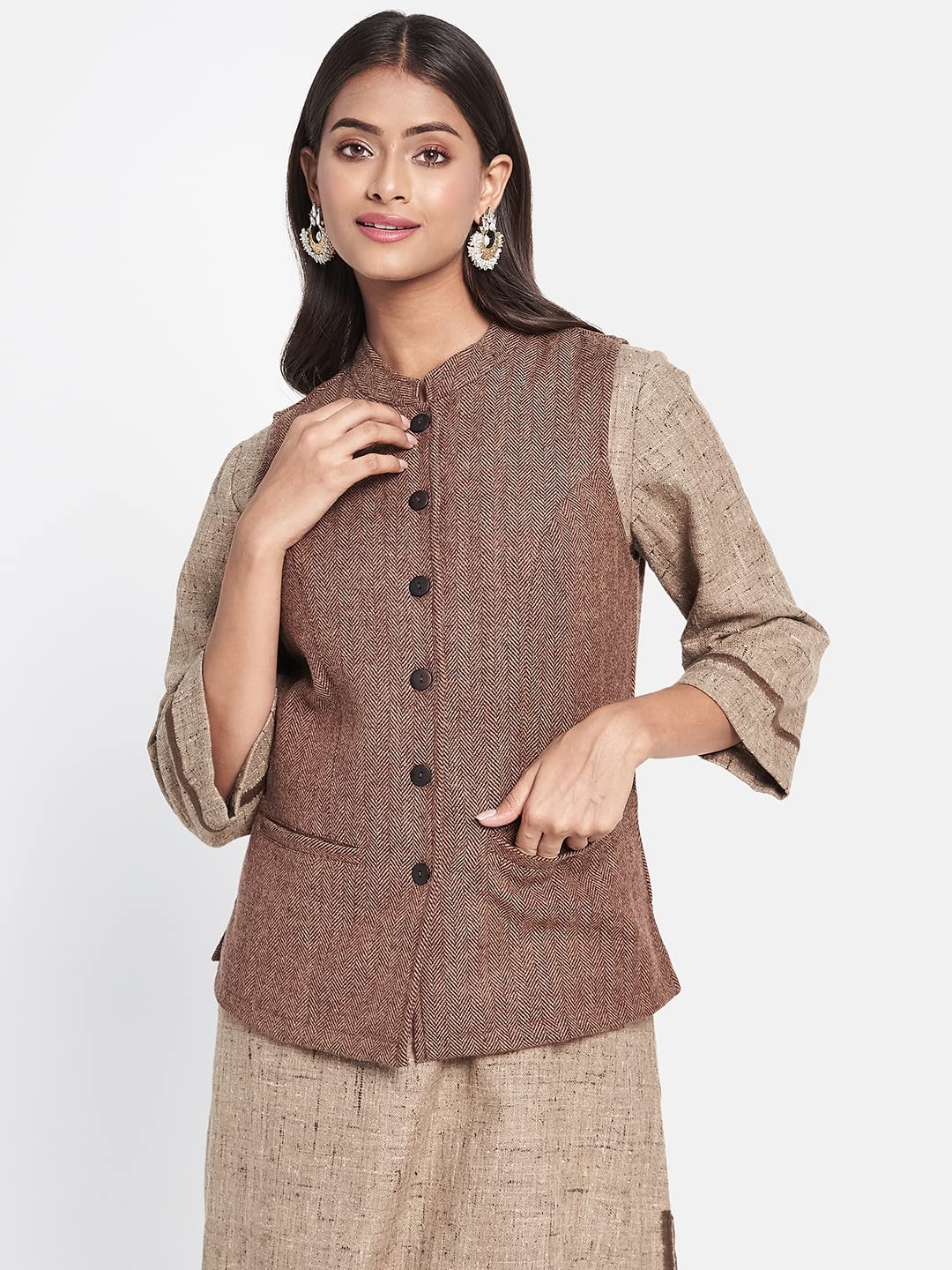 Fabindia Women Wool Slim Fit Jacket Brown_XS