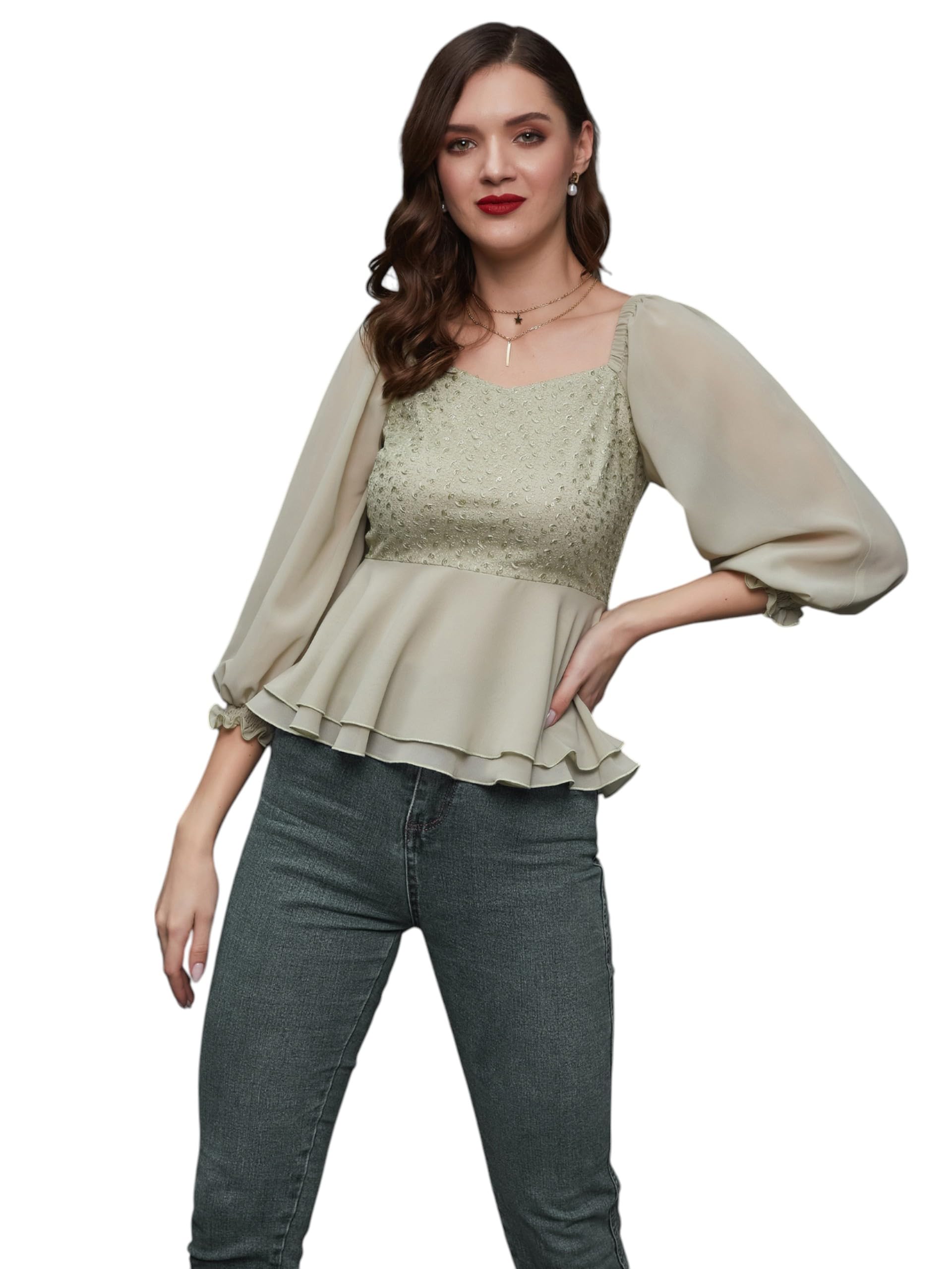 Miss Chase WomenS Sweetheart Neck Bishop Sleeve Regular Length Top (Mcss25Tp98-23-238-05, Dusty Green, L)