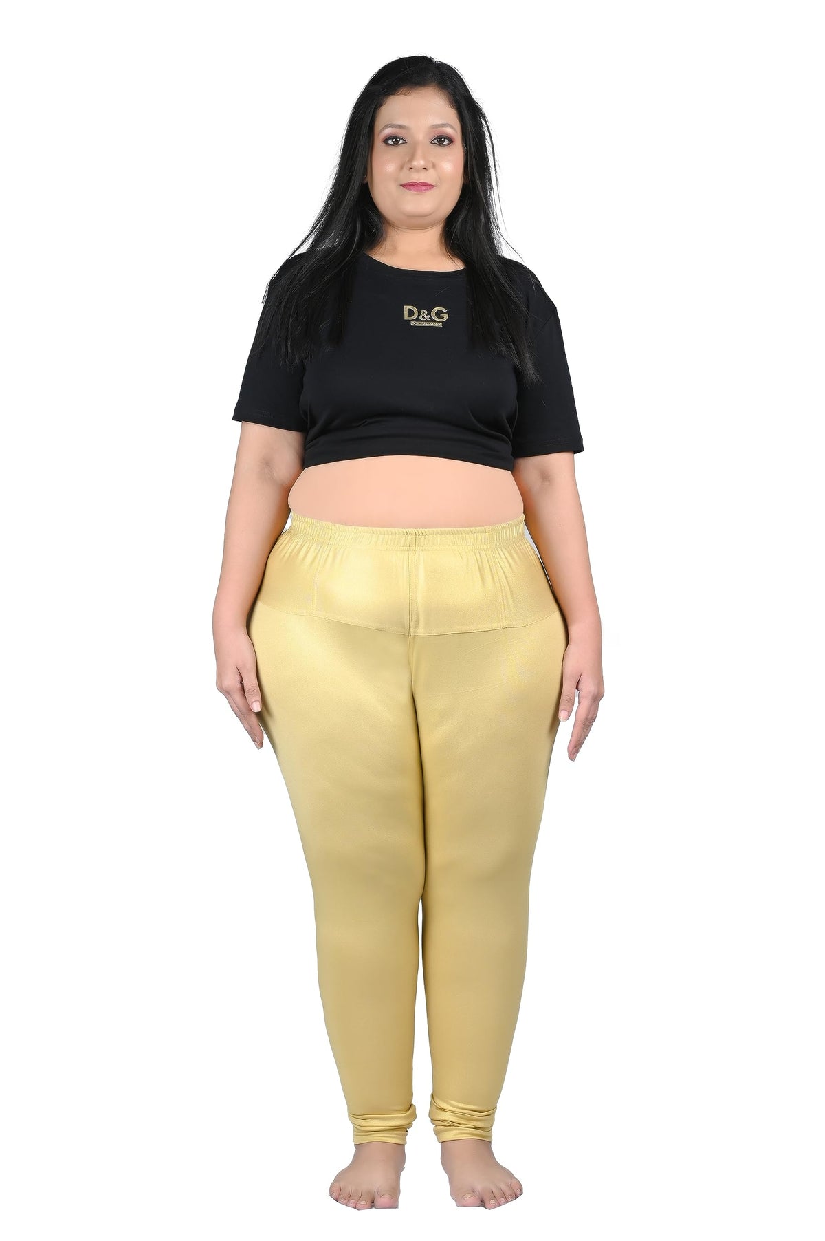 Fly Free Plus Size Tailored Cut Stretchable Nylon Elasthane Fabric Churidar Leggings For Women Gold 9