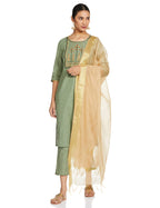 Green Embroidered Kurta-Trousers-Golden Dupatta