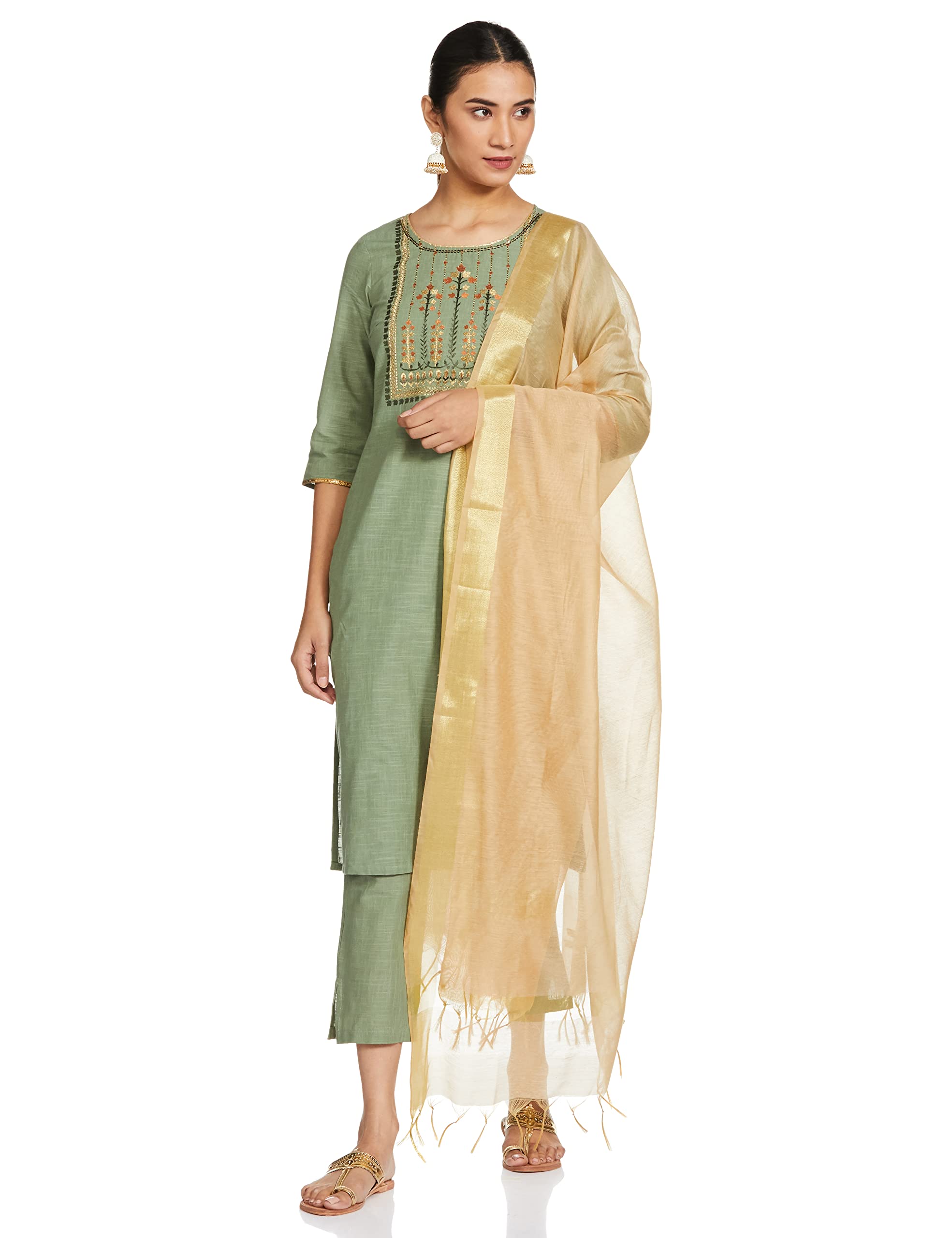 Green Embroidered Kurta-Trousers-Golden Dupatta