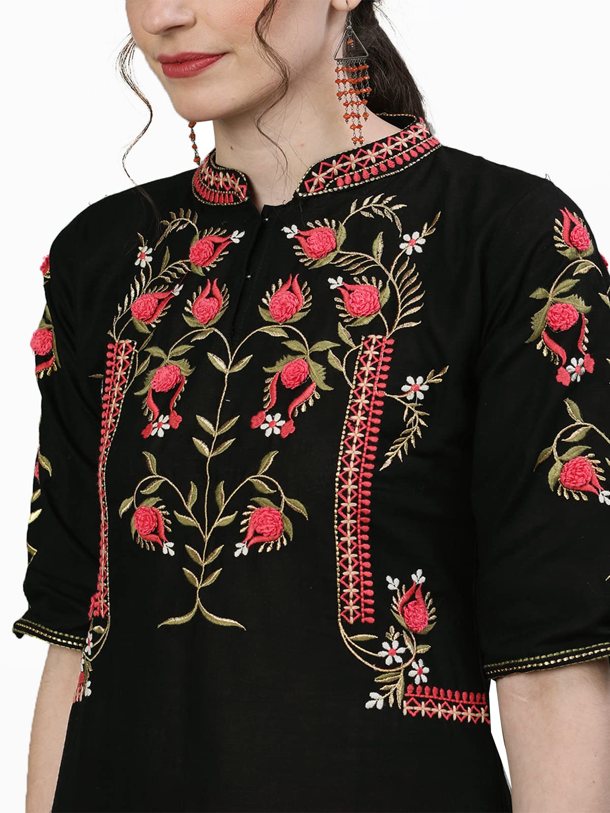 Ishin WomenS Cotton Black Embroidered Straight Kurta