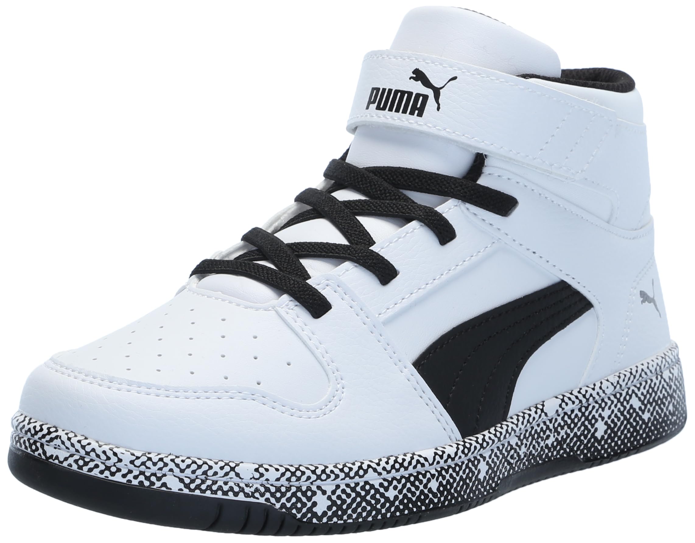 PUMA Rebound Layup Mid Hook and Loop Sneaker, White Black, 13 US Unisex Little Kid