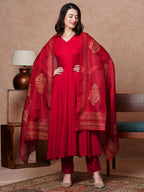 ANNI DESIGNER Women s Cotton Blend Kurta Set, Red, Small
