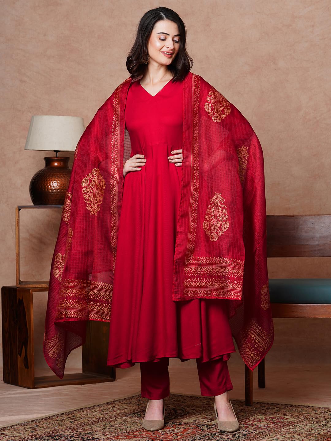 ANNI DESIGNER Women s Cotton Blend Kurta Set, Red, Small