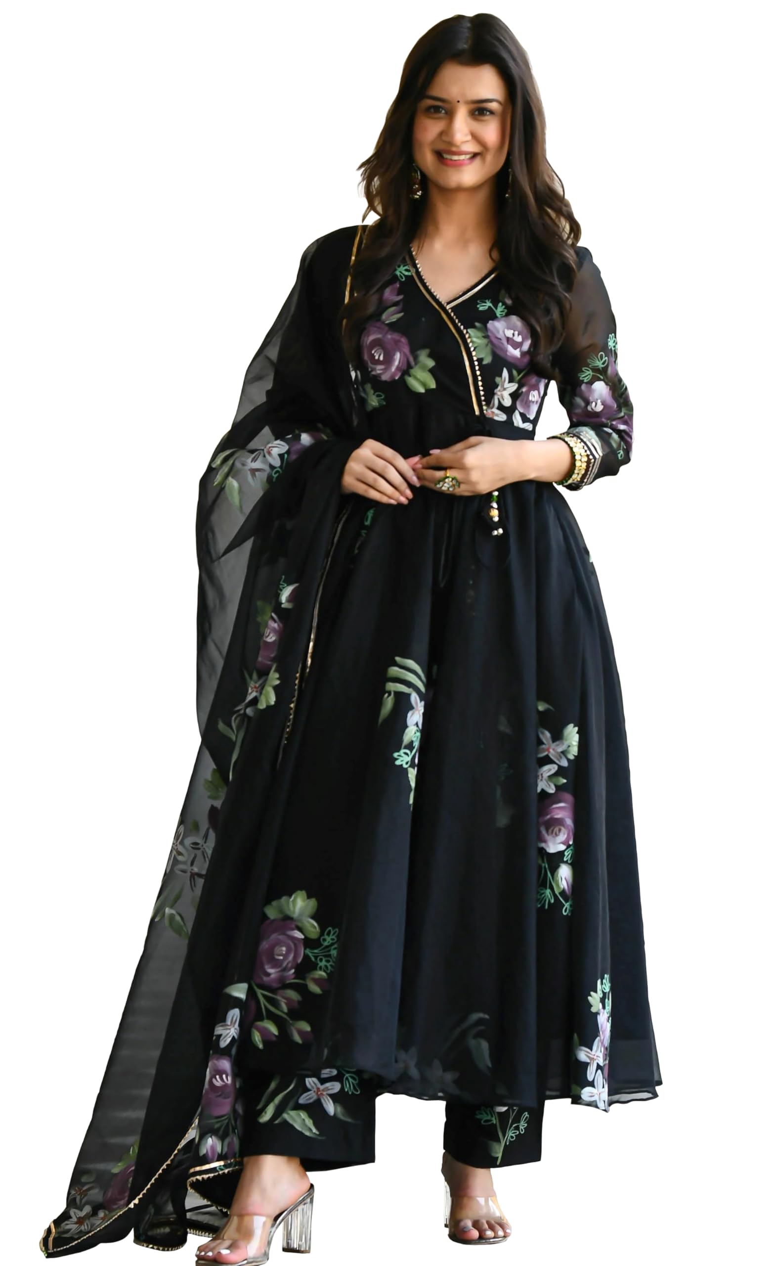 Sugathari Womens Black Georgette Anarkali Floral Printed Kurta with Pant & Dupatta (Dress 113 Black S)