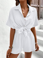 Shasmi Women & Girls White Solid Color Button Front Vacation Solid Texture Short Sleeve Loose Fit Drop Shoulder Pocket Shirt and