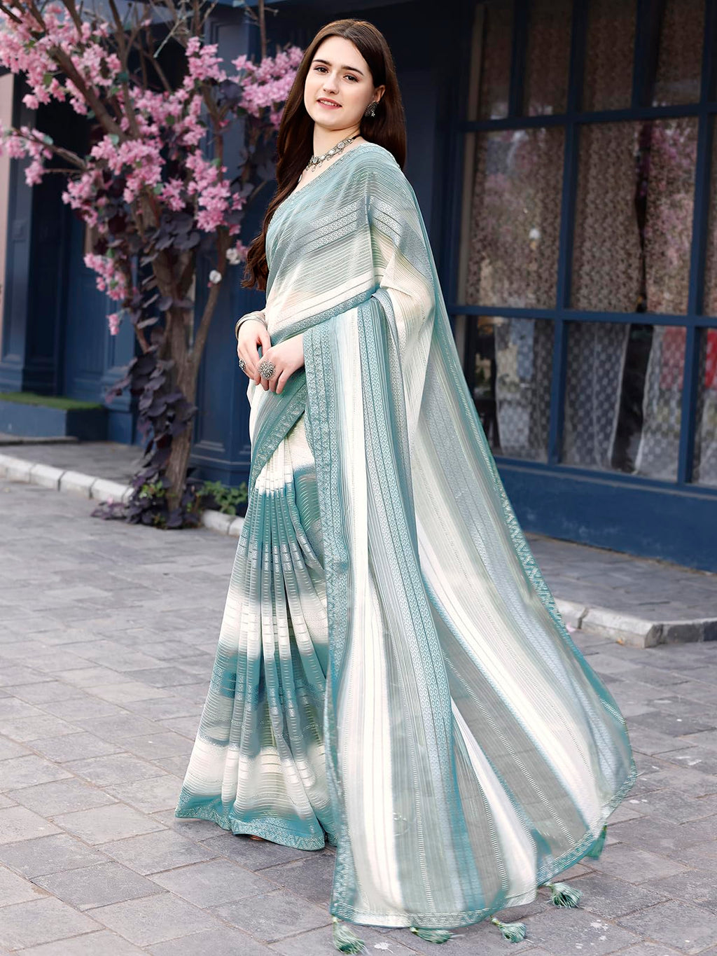 Satrani Womens Weightless Georgette Woven Zari Hot Fixing Printed Saree with Unstitched Blouse Piece