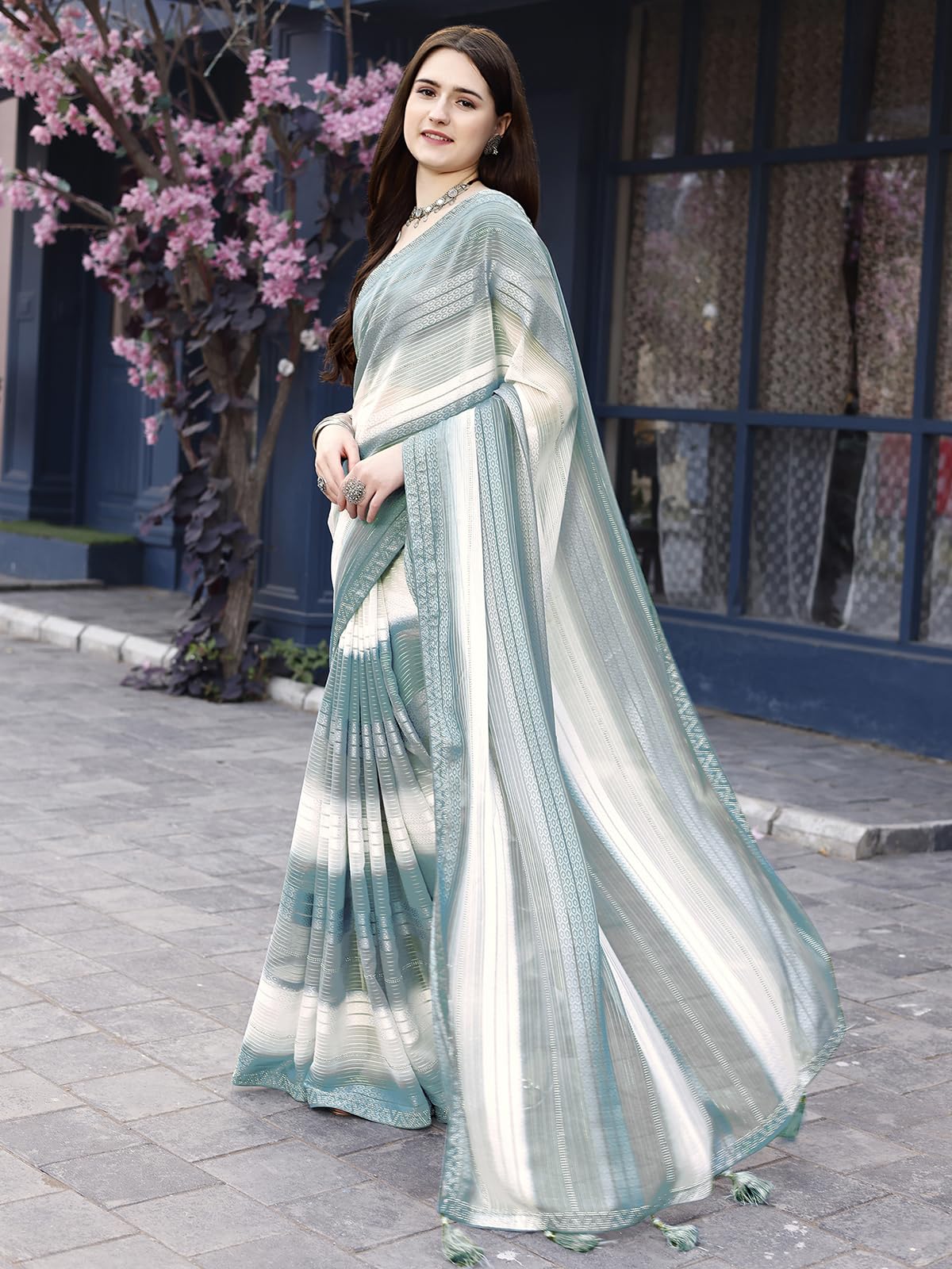 Satrani Womens Weightless Georgette Woven Zari Hot Fixing Printed Saree with Unstitched Blouse Piece