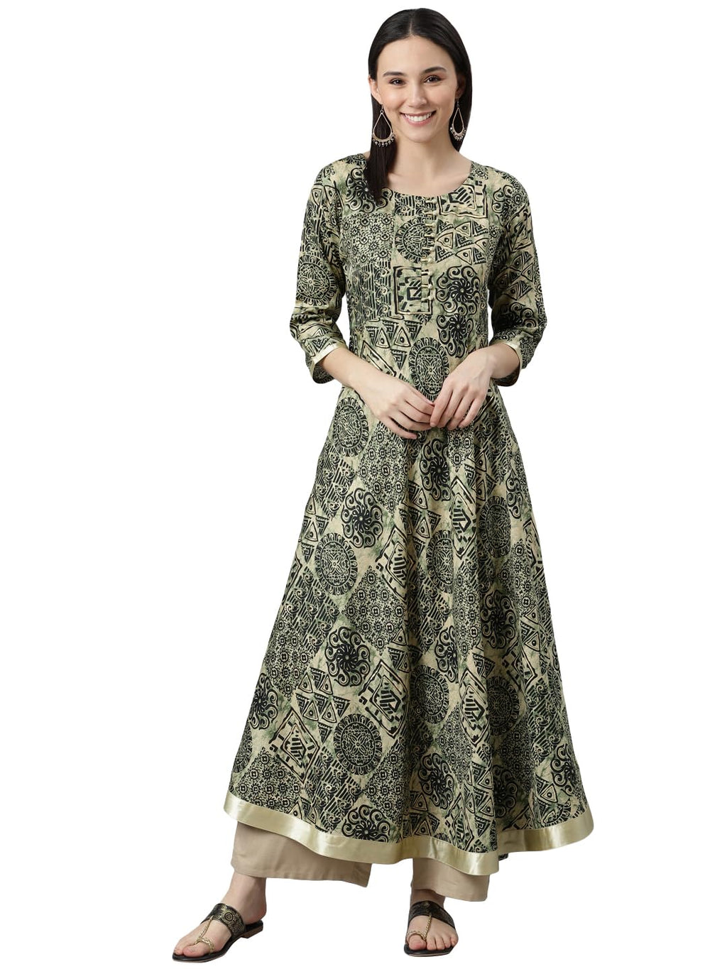 Libas Women'S Silk Printed Anarkali Kurta (22057_Green