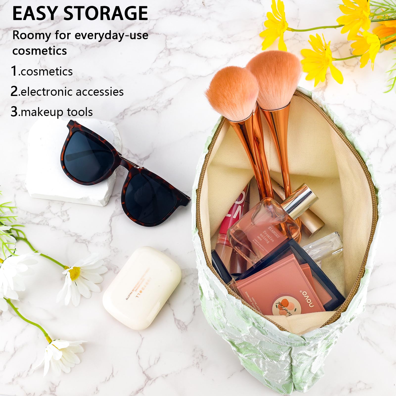 ZLFSRQ Flower Makeup Bag for Women Girls Teens Travel Cute Floral Cosmetic Bags Large Zipper Cosmetic Pouch for Purse Portable