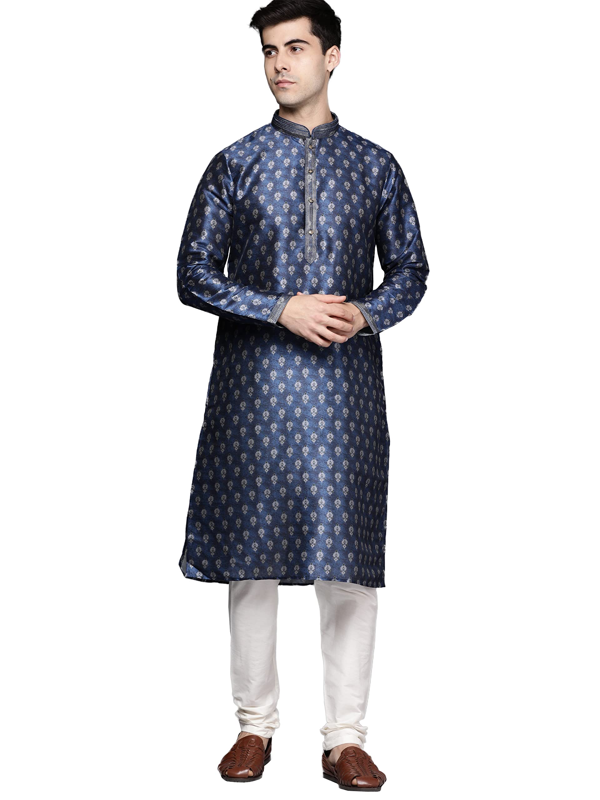 Manyavar Kurta Churidar Set for Men, Full Sleeves Mandarrin Collar, Art Silk Printed Mens Kurta Churidar Set (Blue) (XL)