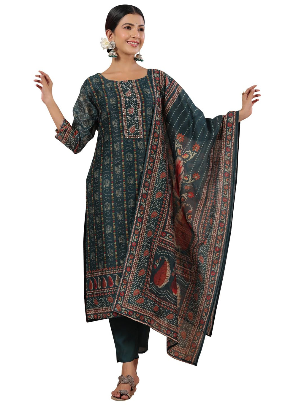 Ishin WomenS Green Ethnic Motifs Printed Poly Silk Straight Kurta With Trousers & Dupatta