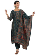 Ishin WomenS Green Ethnic Motifs Printed Poly Silk Straight Kurta With Trousers & Dupatta
