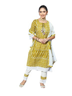 Ishin Women'S Cotton Blend A-Line Embroidered Zari Floral Print Olive Kurta Suit Set With Trouser Inwsd0284_Gn_L_Olive