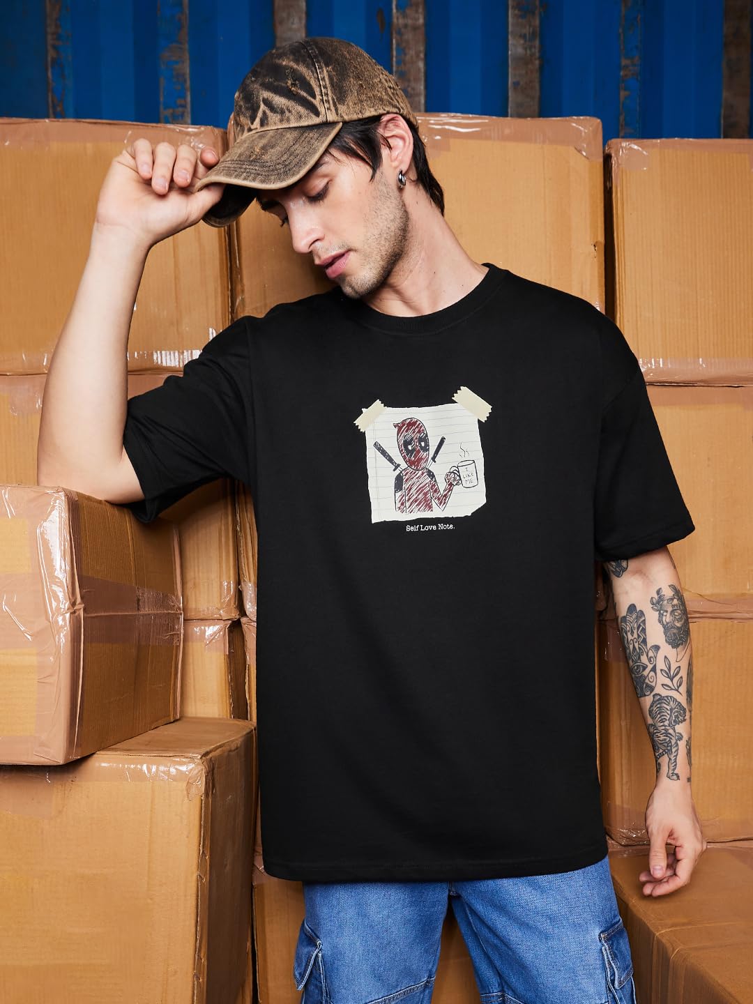 The Souled Store Official Deadpool: Self-Love Men and Boys Short Sleeves Round Neck Black Graphic Printed Cotton Oversized T-Shi