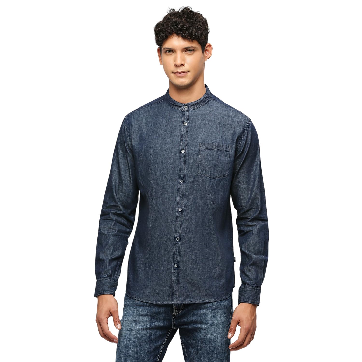 Blue Solid Slim Fit Denim Shirt