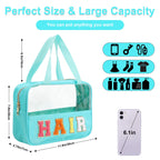 Chenille Letter Patch Clear Bag,Preppy Multi-purpose PVC&Nylon Clear Makeup Bag with Handles,Large Travel Makeup Toiletry Storag