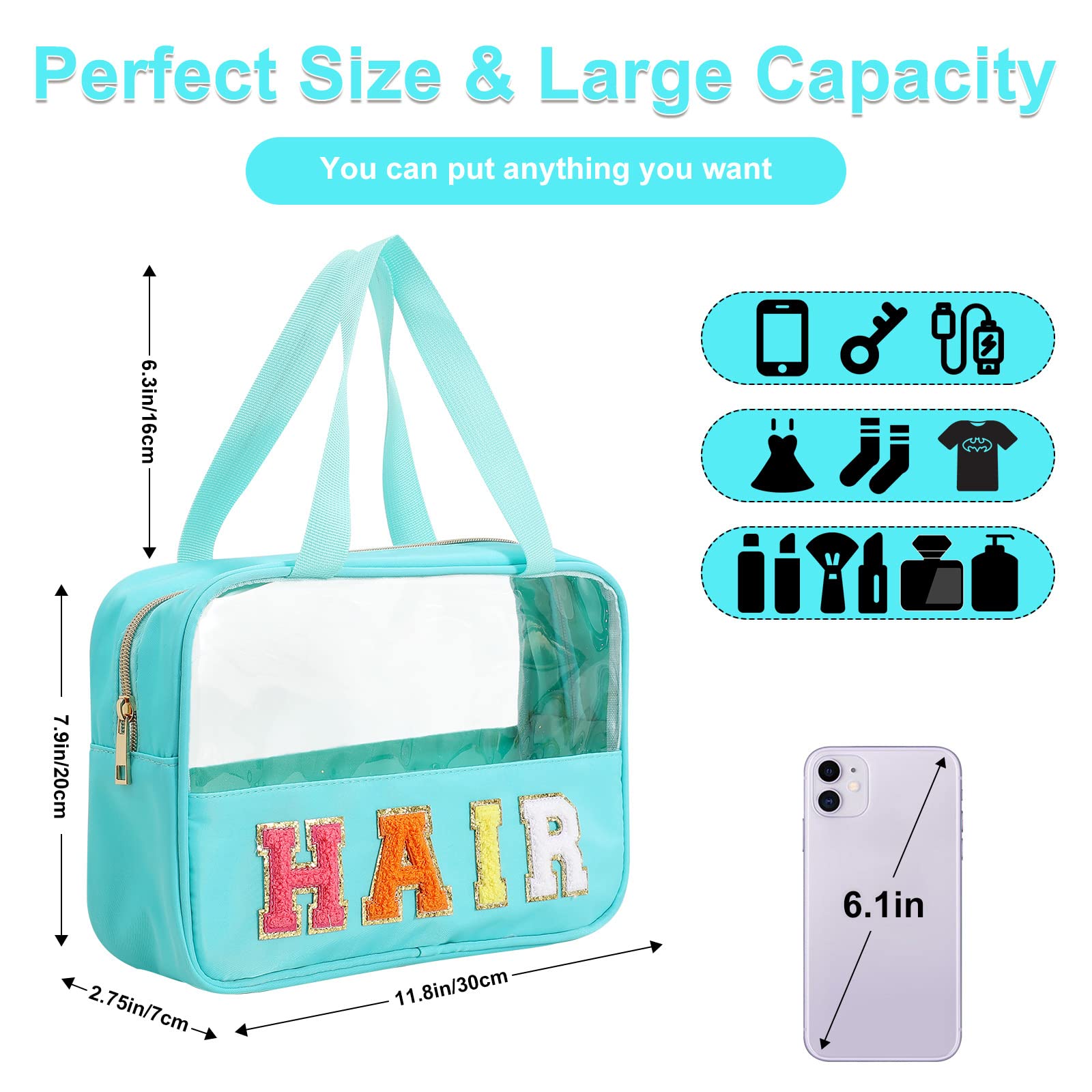 Chenille Letter Patch Clear Bag,Preppy Multi-purpose PVC&Nylon Clear Makeup Bag with Handles,Large Travel Makeup Toiletry Storag