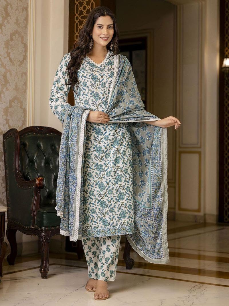 Modestouze Attires WomenS Rayon Blend Floral Printed Salwar Suit Set | V Neck 3/4 Sleeve Calf Length Kurta And Dupatta With Pri