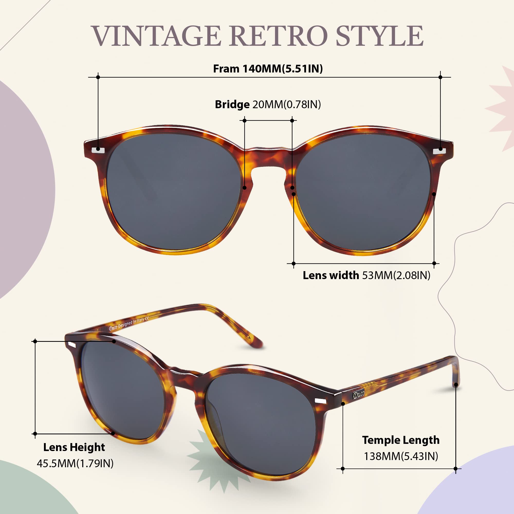 DUCO Retro Round UV400 Polarized Sunglasses for Women Men Vintage Shades Classic Acetate Trendy Fashion Sunglass DC1230